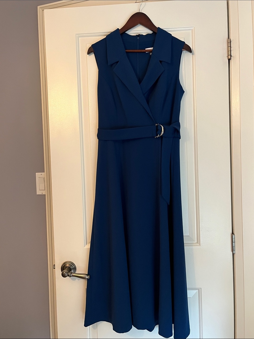 Calvin Klein Sleeveless Belted Midi Dress in Royal Blue